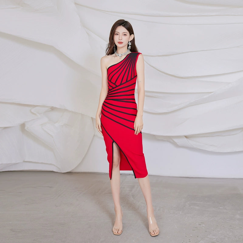 DOLLY Elegant One Shoulder Sleeveless Stripped Slim Fit Slit Dinner Dress-ZEN