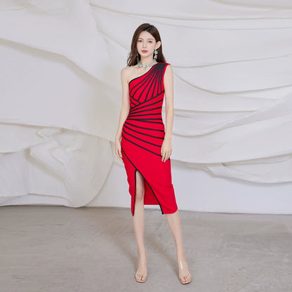 DOLLY Elegant One Shoulder Sleeveless Stripped Slim Fit Slit Dinner Dress-ZEN