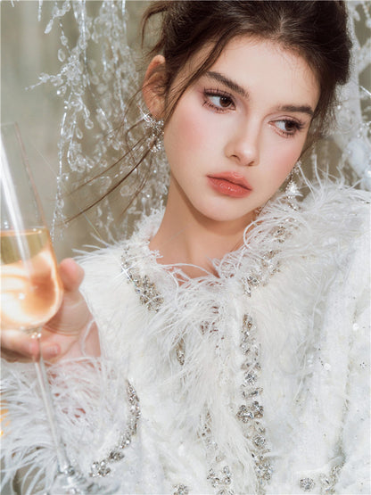 Wardrobes By Chen Elegant White Feather Short Jacket Short Skirt-Serene