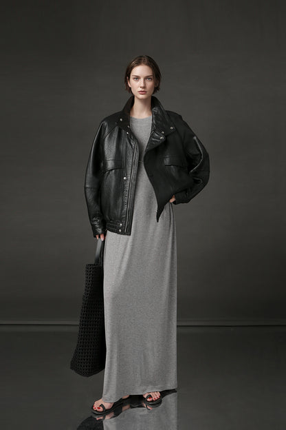 PIAOIN minimalist style nude tencel wool t-shirt skirt versatile dress -LYDIA