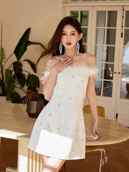 DOLLY Elegant French Style Sleeveless Feather Off Shoulder Short Party Dress-KELLER