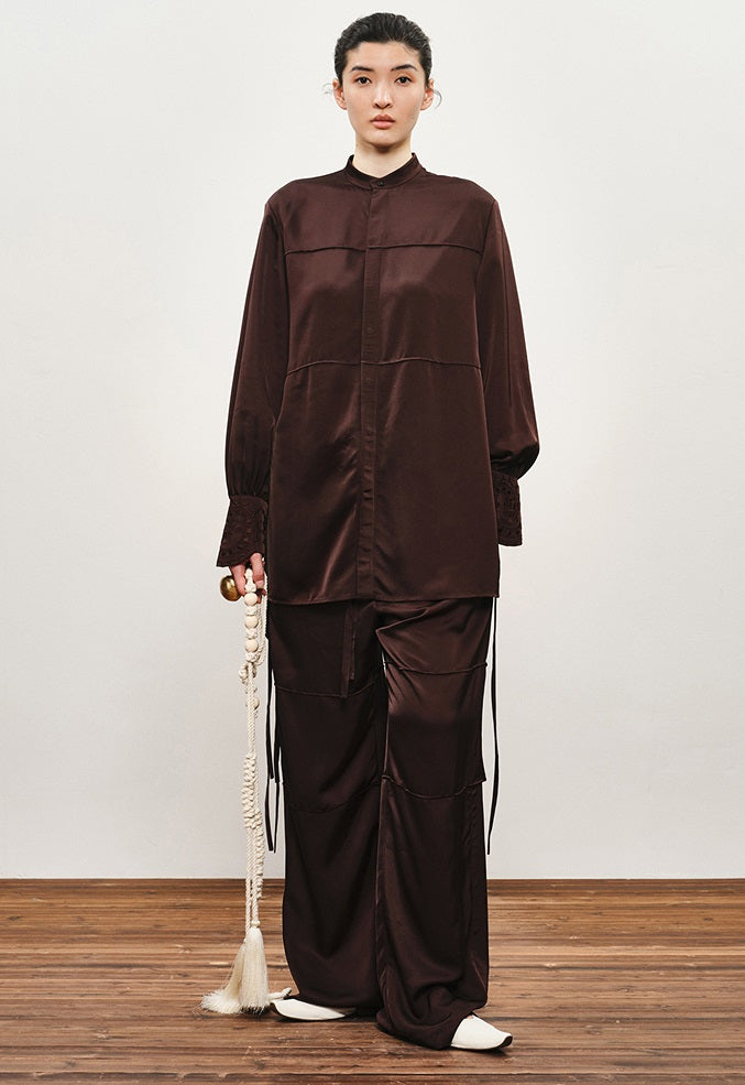 ZHUCHONGYUN Dragon Pattern Embroidery Lace-up Collar Shirt--AKEMI.