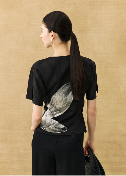 HECO Chinese Art Butterfly Print Swing Neck T-Shirt Waist Slim Top - CONJOR .