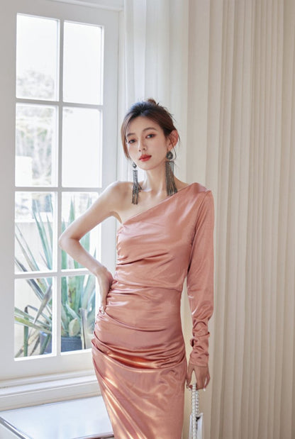 DOLLY Elegant Peach French Style Slopping Shoulder Long Sleeve Dinner Dress-ESME