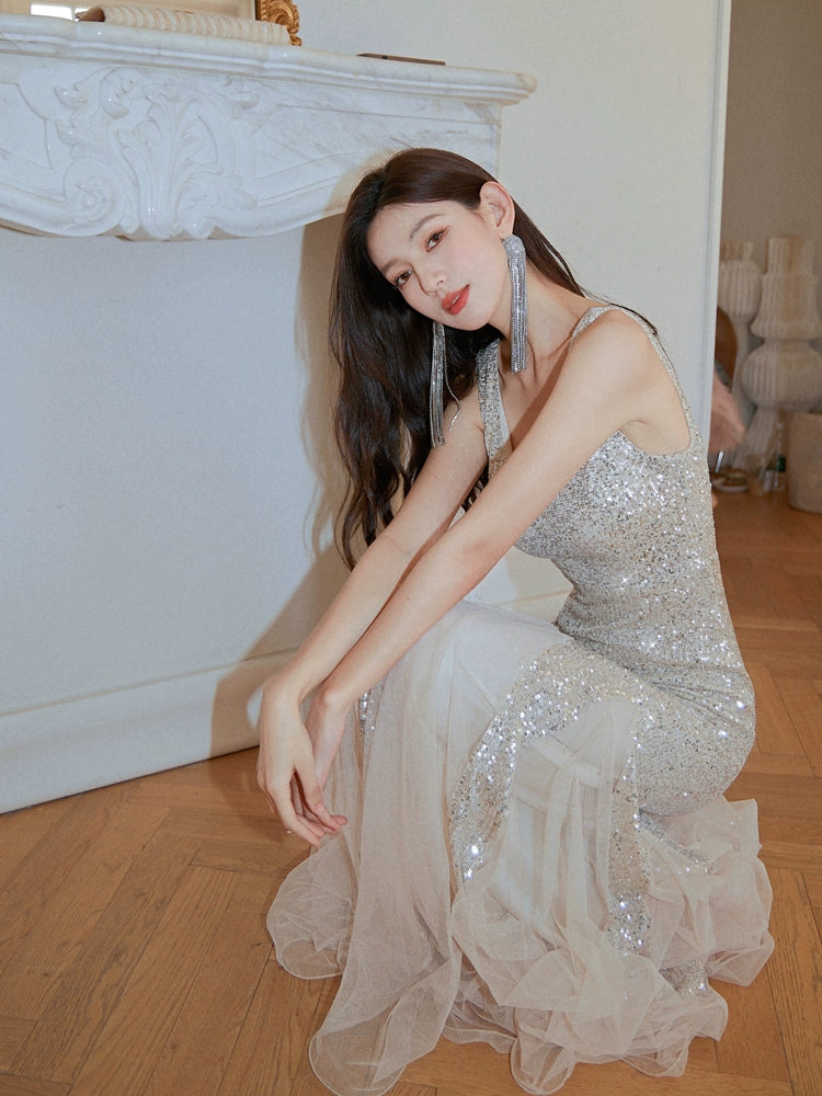 DOLLY Elegant Deep V-Neck Sleeveless Sequin Mesh Long Cocktail Dress-JUSTINA