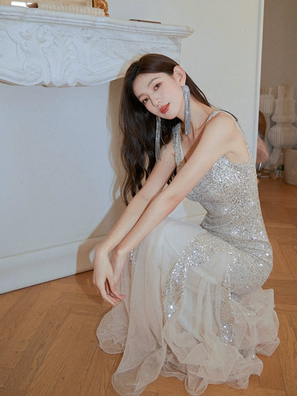 DOLLY Elegant Deep V-Neck Sleeveless Sequin Mesh Long Cocktail Dress-JUSTINA