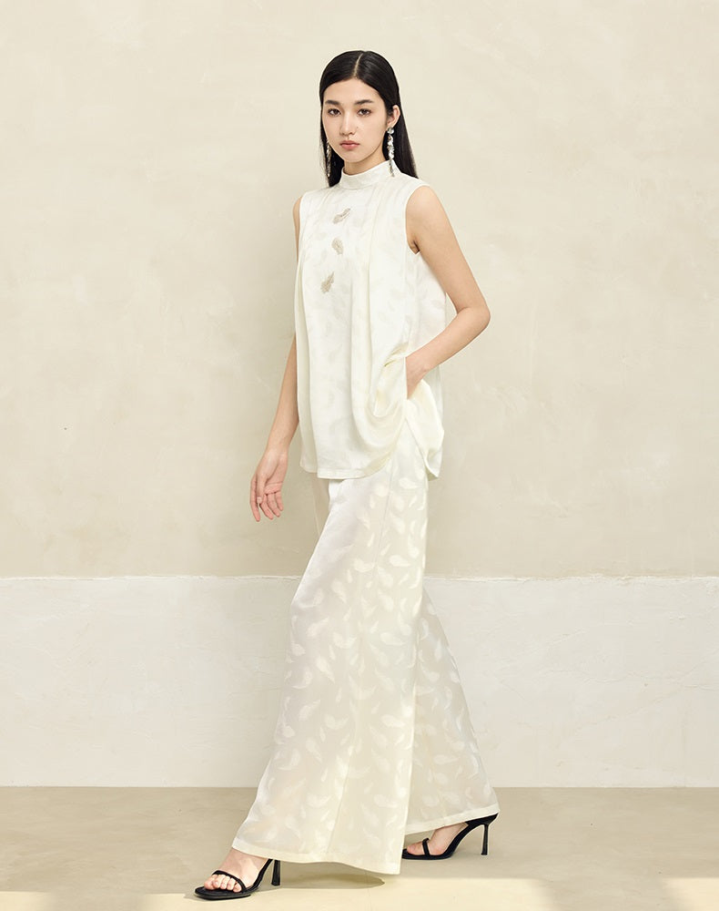 HECO Feather Jacquard Wide-leg Slacks Drape High-waisted Women - PRUDE