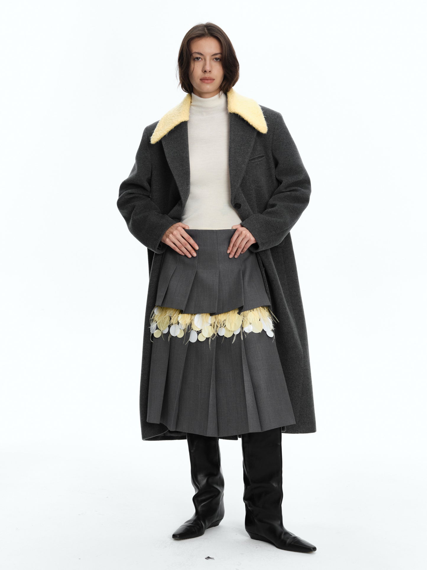 SERRER Light Yellow Gray Wool Coat with Detachable Fur Collar - ZAINAB.