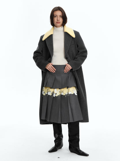SERRER Light Yellow Gray Wool Coat with Detachable Fur Collar - ZAINAB.