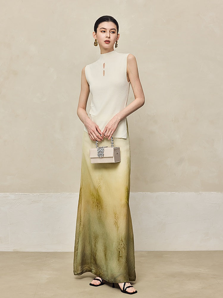 HECO Blended Chiffon Drape A-line High waist Yellow Green Thin Skirt Women - DEPTH.