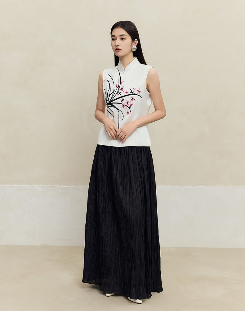 HECO striped texture swing high waist black green women's long skirt - muse.