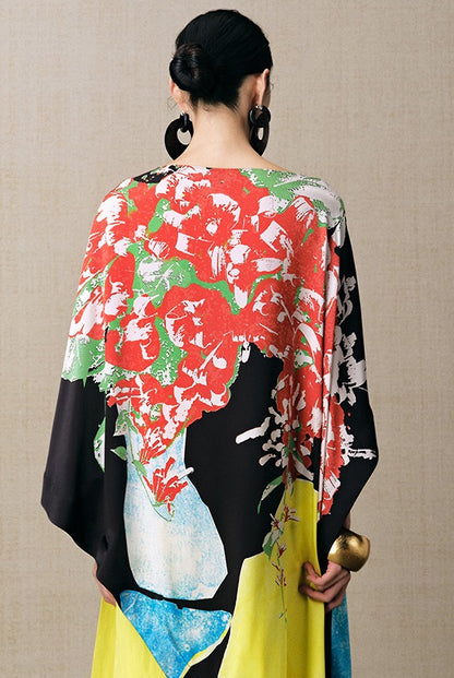 ZHUCHONGYUN summer Chinese cape style loose silk printed top--YAKI.