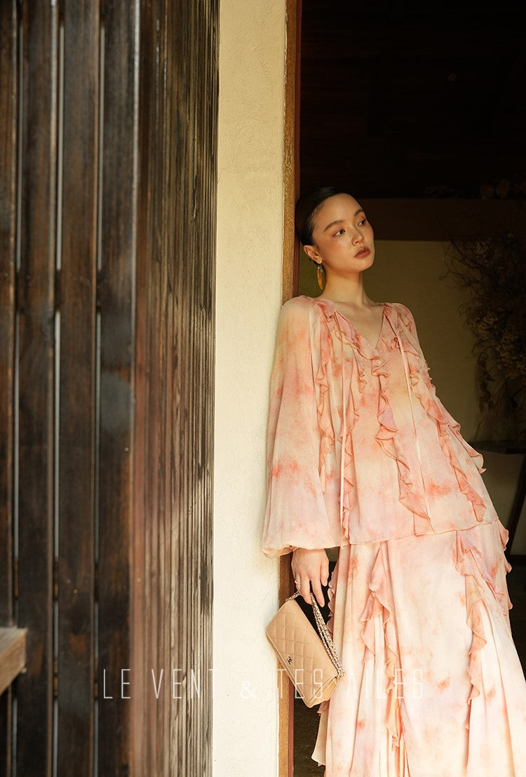 LE VENT& TES AILES Spring summer elegant multicolor silk smudged floral shirt skirt-ENE