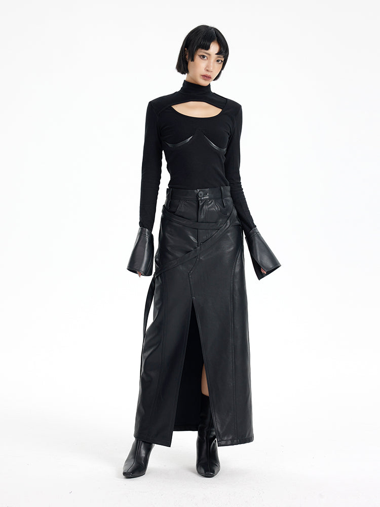 TINY IN black irregular tie women's high waist slit pu leather long skirt -CAM