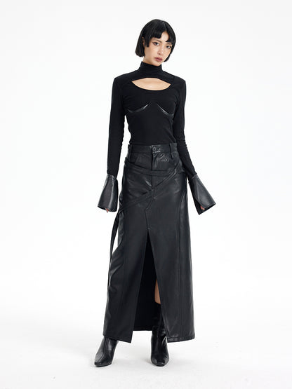 TINY IN black irregular tie women's high waist slit pu leather long skirt -CAM
