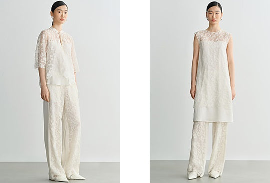 COMME MOI Silk Embroidered Panelled Straight white Pants - ISAIAH.