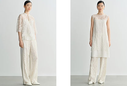 COMME MOI Silk Embroidered Panelled Straight white Pants - ISAIAH.