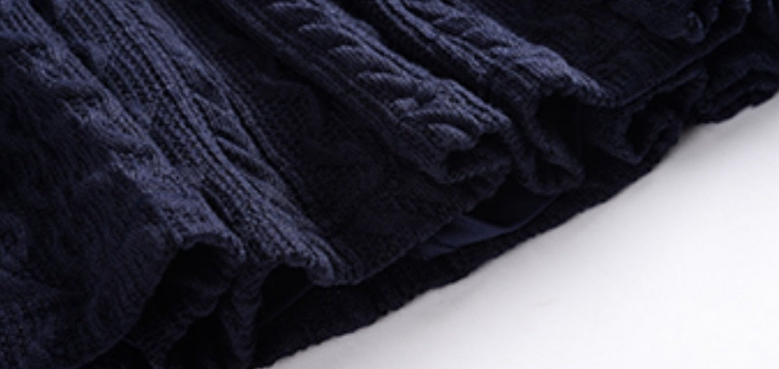 Le Palais  navy knitted puff sleeve top pleated skirt-XERX