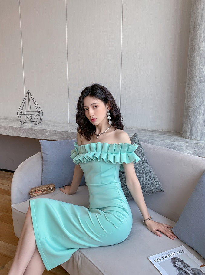 DOLLY High End Retro Style Pleated Off Shoulder Slim Fit Dinner Dress-JOLA