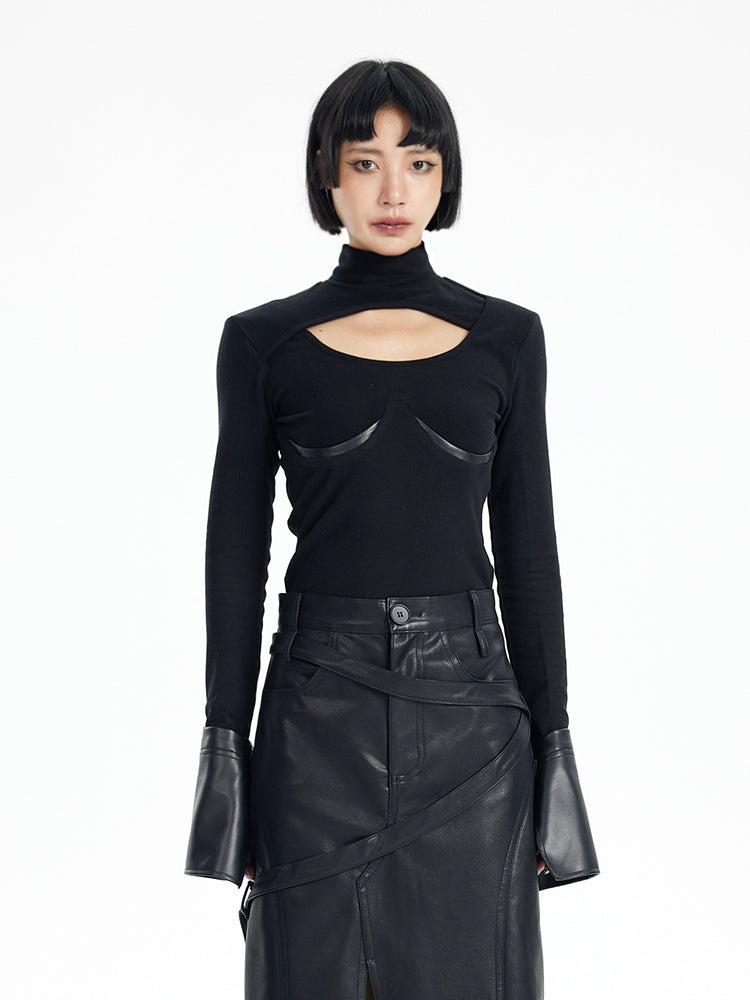 TINY IN black knit PU leather cuff top - SONO.