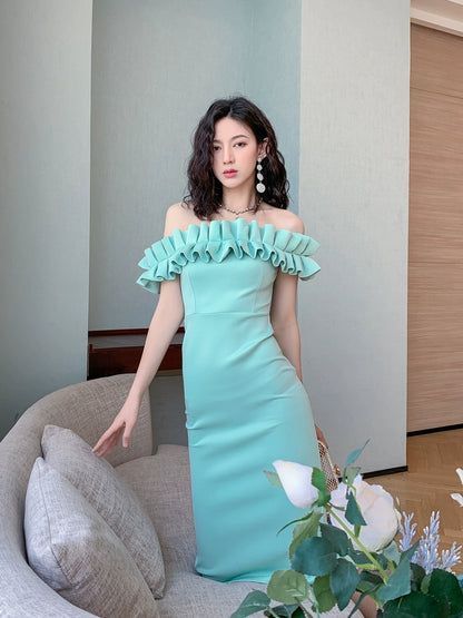 DOLLY High End Retro Style Pleated Off Shoulder Slim Fit Dinner Dress-JOLA