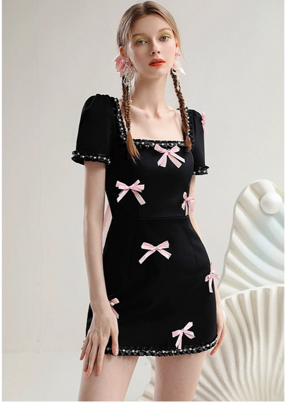 CHECOCRE New Pink Bow Heavy Industry Square Neck Little Black Dress - BONES