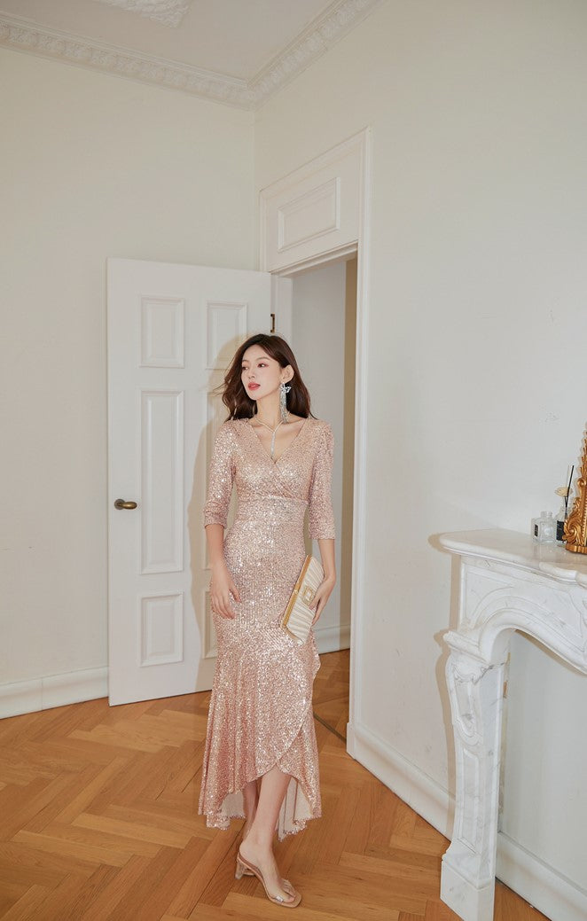 DOLLY Elegant Deep V-Neck Long Sleeve Sequin Fish Tail Long Banquet Dress-MAIA