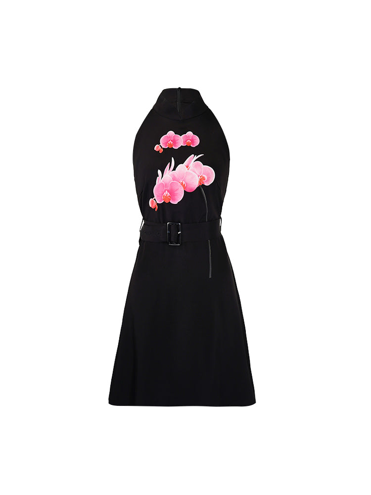 HECO Phalaenopsis Print Sleeveless Belted Short Dress  - QUITE.