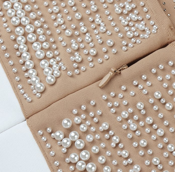 DOLLY High End V-Neck Sleeveless Halter Neck Pearl Body Hug Long Party Dress-CHARMAINE