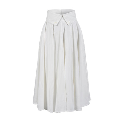 Le Palais Vintage Elegant Pure White Cotton and Linen Halter neck Vest High Waist Swing Skirt-MIA
