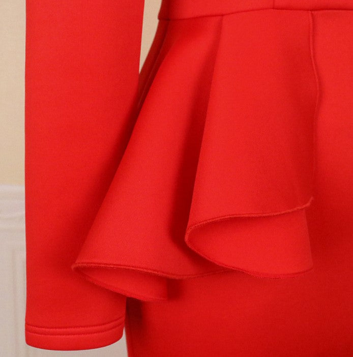 DOLLY Elegant Red Sloping Shoulder Ruffle Long Sleeve Midi Dinner Dress-KIMBRA