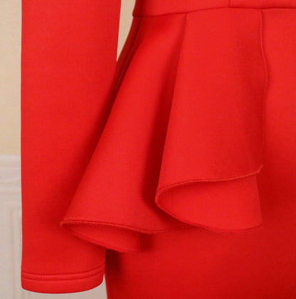 DOLLY Elegant Red Sloping Shoulder Ruffle Long Sleeve Midi Dinner Dress-KIMBRA