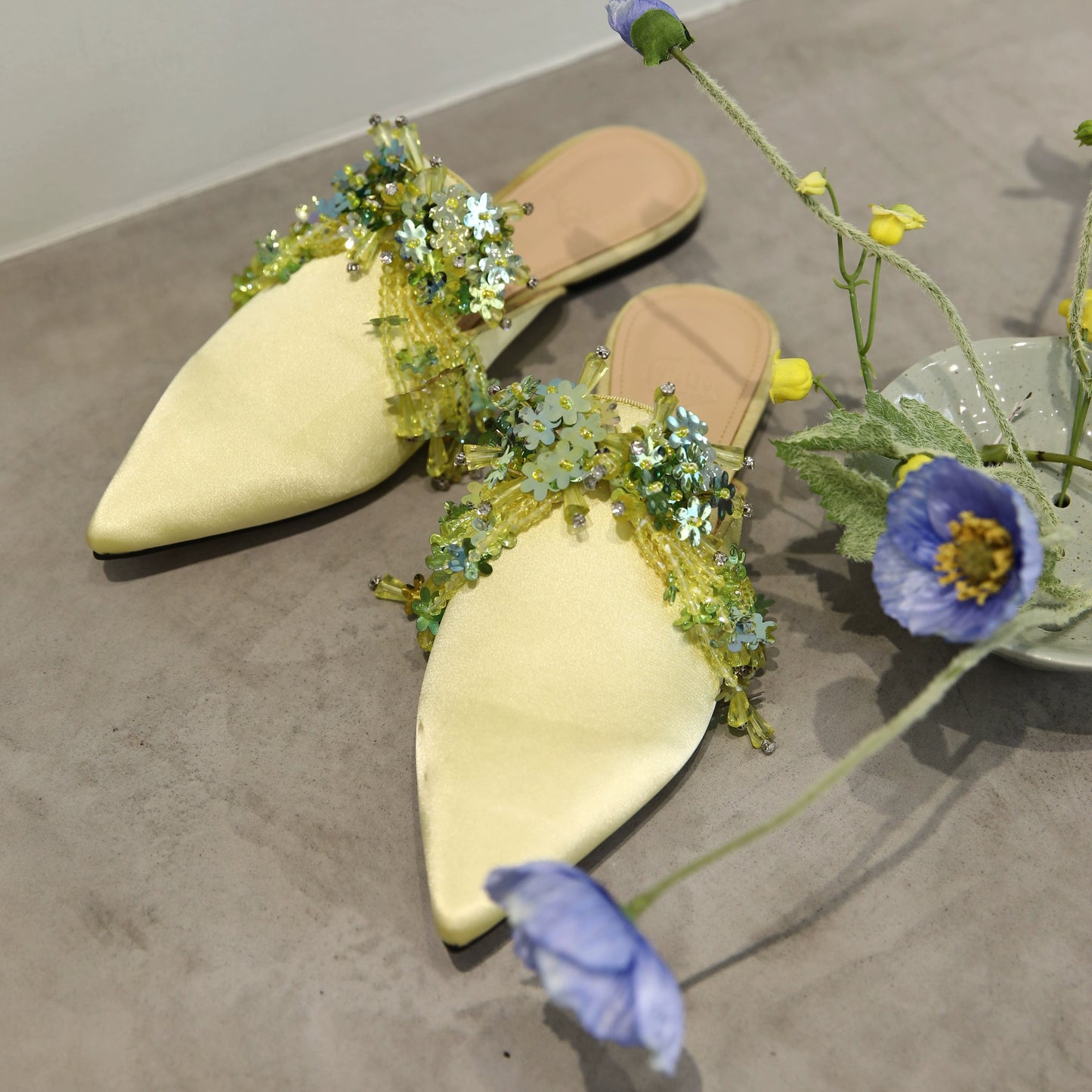 B-FEI lemon yellow flat mules pointed toe slippers-ULGA.