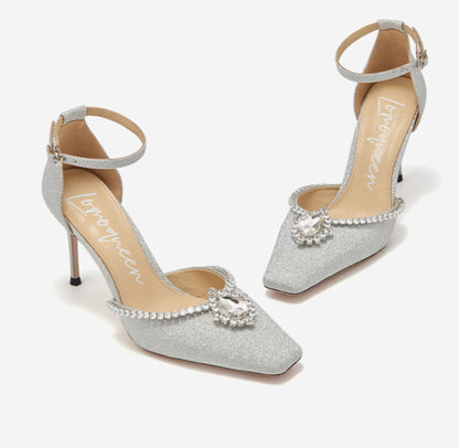 SHOESZOOO French Ankle Strap Stiletto Square Toe Crystal High Heels - MYSELF.