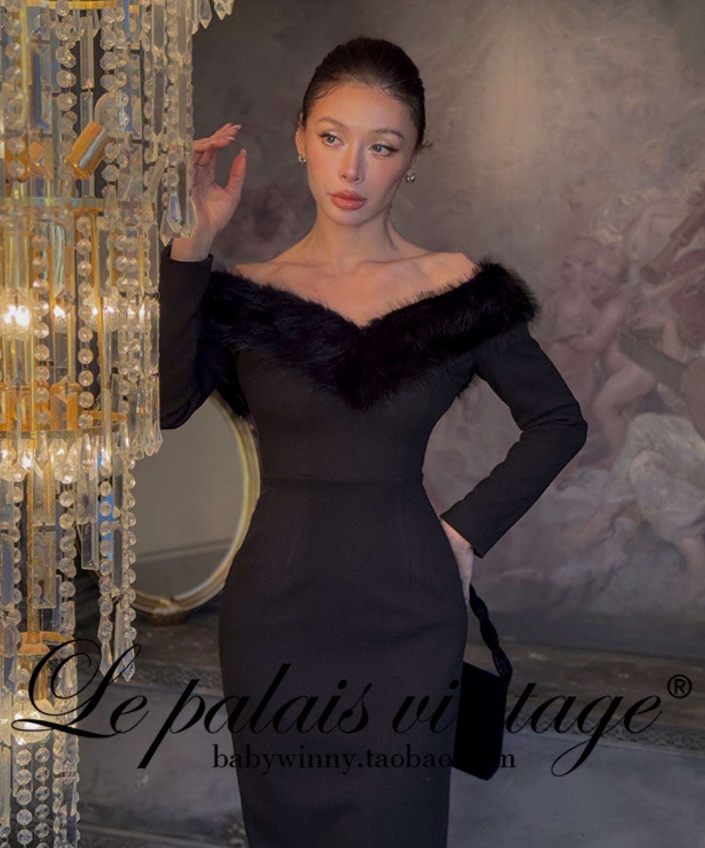 Le Palais Vintage  Elegant Black Fur Collar Off-the-shoulder Little Black Dress-MEE.