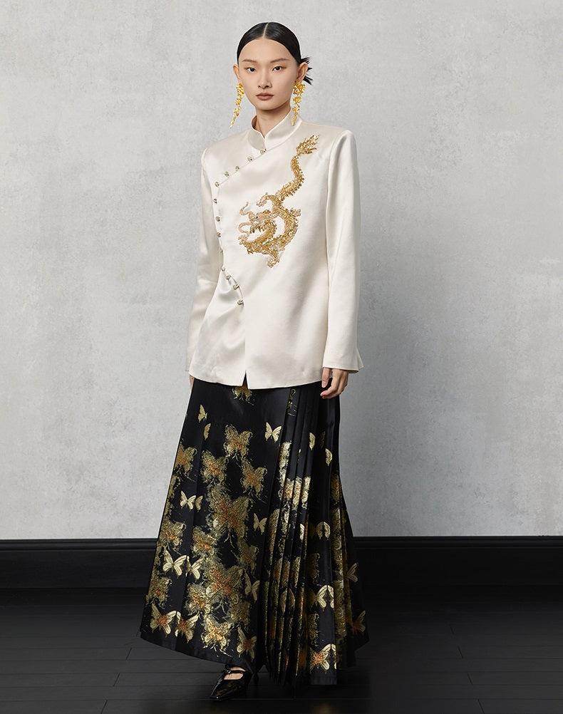 HECO Butterfly Hanfu High Waisted Pleated Long Skirt - rain.