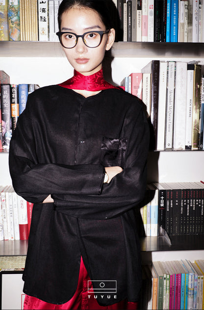 TUYUE black linen texture long-sleeved shirt- JESSICA.