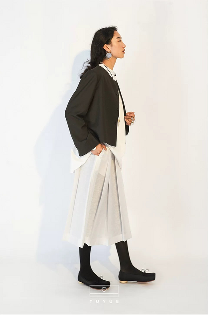 TUYUE blue gray round neck straight shoulders short casual blazer- STEPHEN