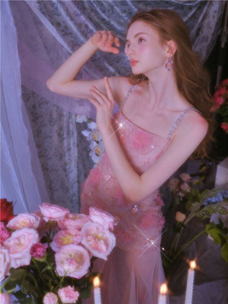 Wardrobes by Chen High End Pink Sleeveless Flower applique Sequin Dress-Bena