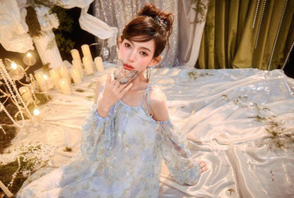 DOLLY Elegant Blue French Style Floral Off Shoulder Loose Glitter Resort Dress-TEE