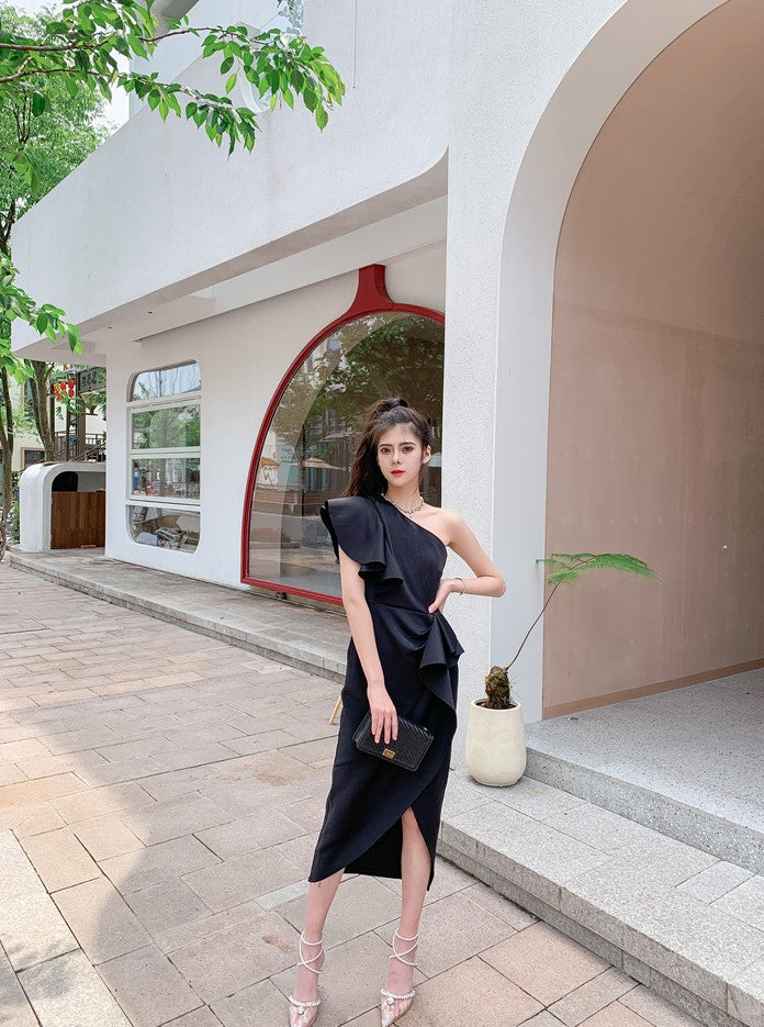 DOLLY Elegant Stand Collar Sleeveless Ruffle Midi Business Dinner Dress-RAINA