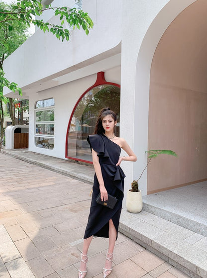 DOLLY Elegant Stand Collar Sleeveless Ruffle Midi Business Dinner Dress-RAINA