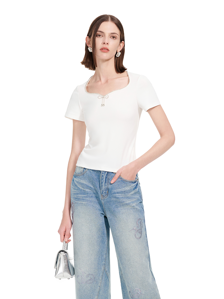 YES BY YESIR |  Diamond Bow Short Sleeve Casual Top-LYANNE.