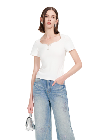 YES BY YESIR |  Diamond Bow Short Sleeve Casual Top-LYANNE.