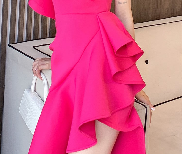 DOLLY Elegant Slant Collar Ruffle Sleeve Slim Fit Midi Irregular Skirt Party Dress-GANGA