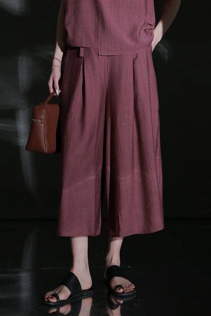 PIAOIN textured linen silk loose wide-leg cropped pants set summer-GISELLE.