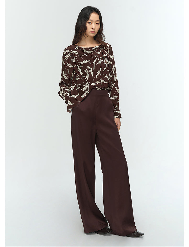 COMME MOI Lu Yan Designer New Women's Retro Printed One-Line Collar Silk Shirt - PRIDE.