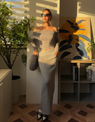 Le Palais Vintage Autumn/Winter Gray Wool Knit Wrap Long Skirt-FERA