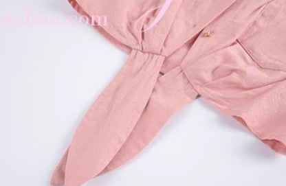 Le Palais Vintage  Gold Cotton Linen Pink Puff Sleeve Shirt + Shorts-ASA.