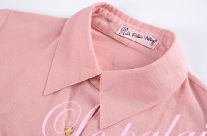 Le Palais Vintage  Gold Cotton Linen Pink Puff Sleeve Shirt + Shorts-ASA.